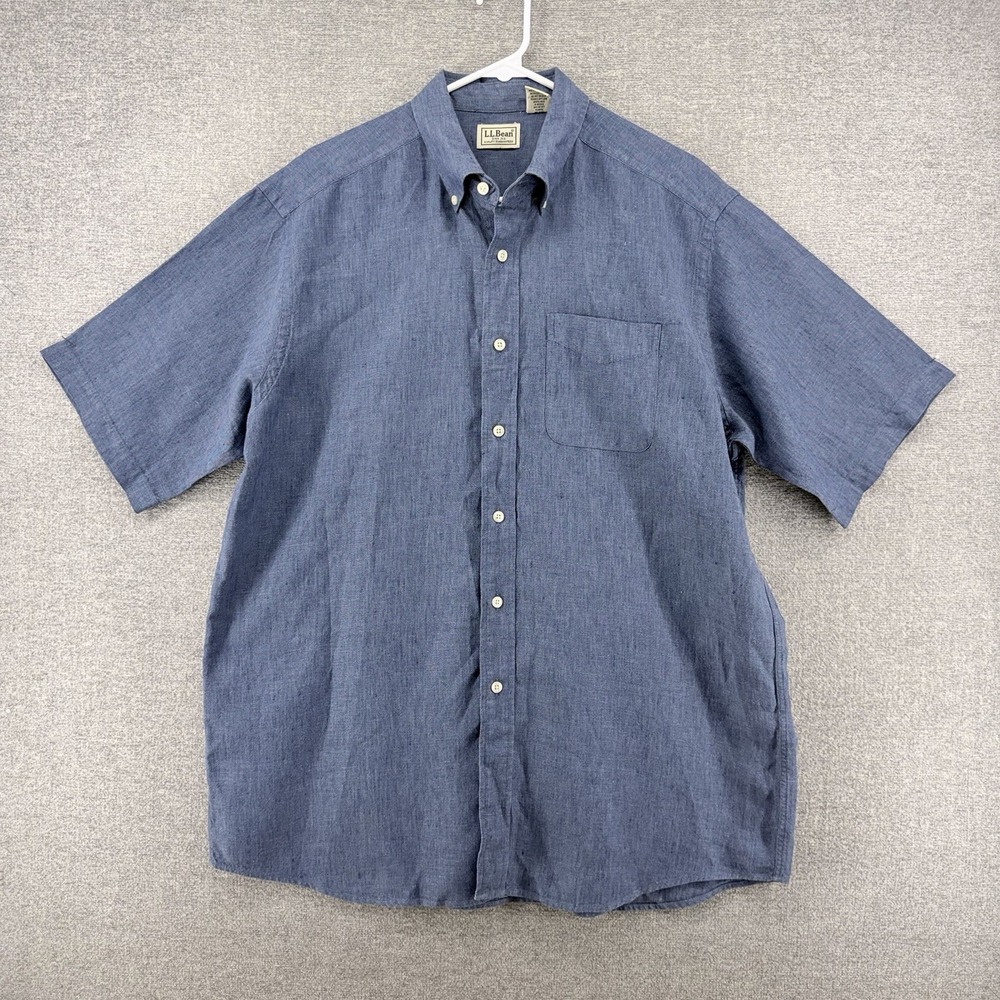 LL Bean Short Sleeve Shirt Men Size Large Blue Linen Button Up Casual Summer